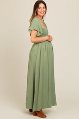 Light Olive Chambray Smocked Maternity Maxi Dress
