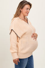 Beige Contrast Stitch Hooded Maternity Plus Sweater