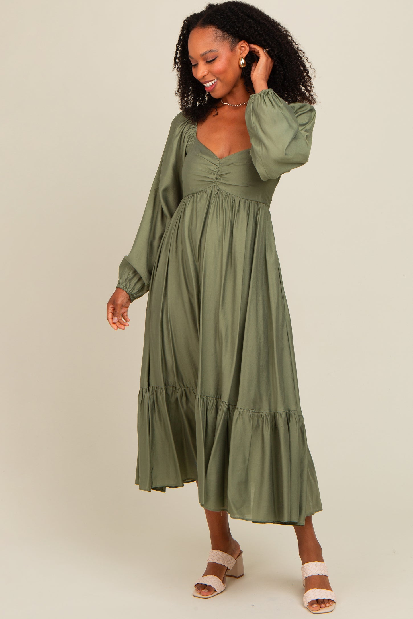 Olive Front Ruched Babydoll Maternity Midi Dress
