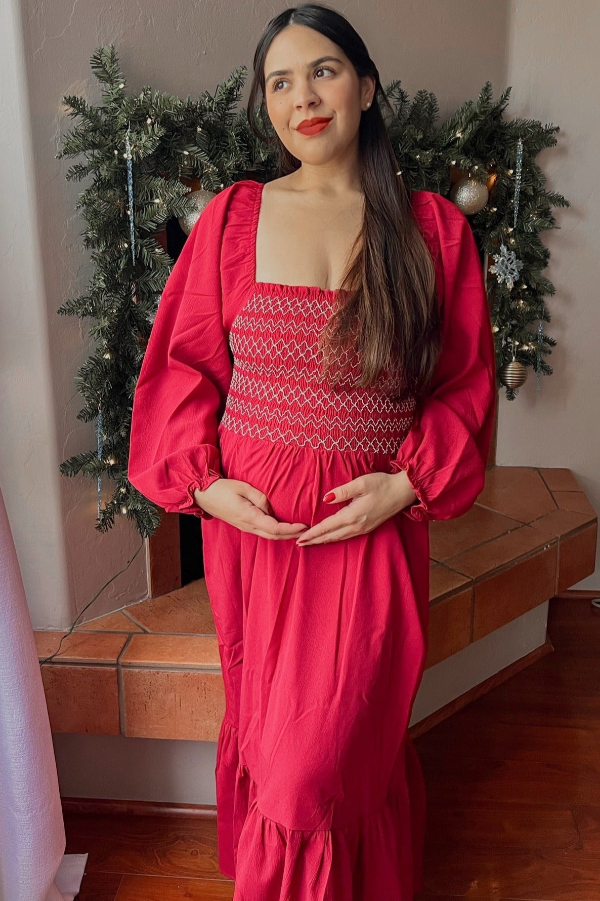 Burgundy Contrast Smocked Balloon Sleeve Maternity Midi Dress