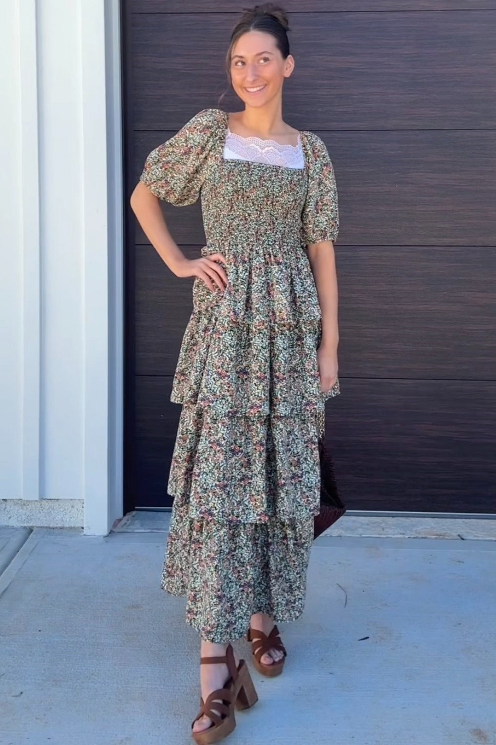 Green Floral Print Ruffle Tiered Midi Dress