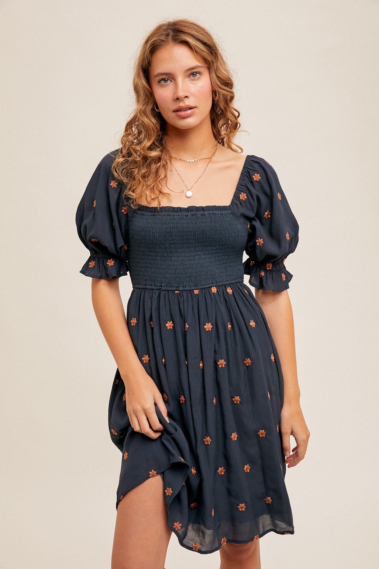 Navy Blue Floral Embroidered Smocked Dress