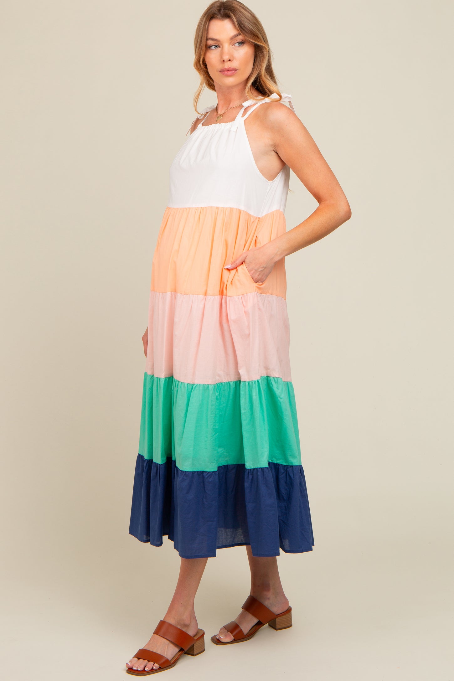 Coral Colorblock Tiered Maternity Midi Dress