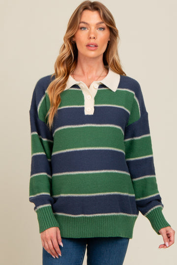 Green Striped Polo Knit Maternity Sweater