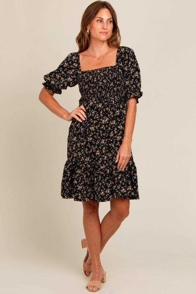 Black Floral Smocked Puff Sleeve Dress