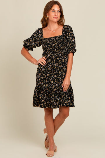 Black Floral Smocked Puff Sleeve Dress