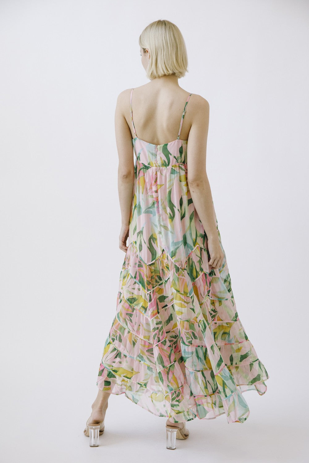 Pink Floral Tiered Ruffle Hem Maxi Dress