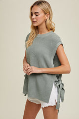 Olive Chunky Knit Side Tie Sweater Top