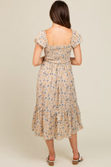 Cream Floral Smocked Ruffle Hem Maternity Midi Dress