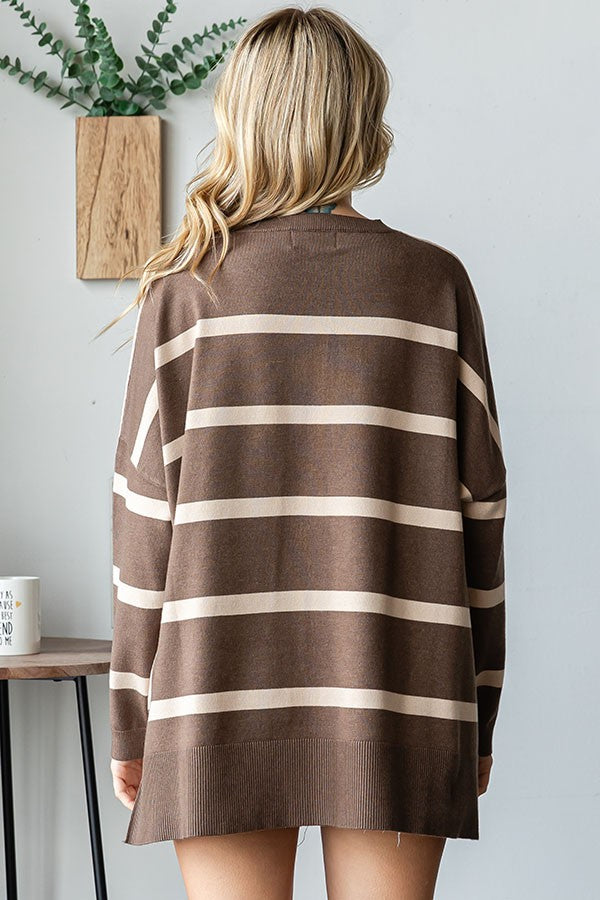 Beige Striped Knit Dolman Sleeve Top