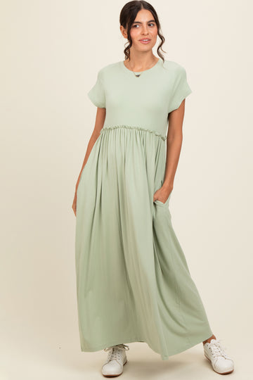 Light Olive Ruffle Trim Maxi Dress