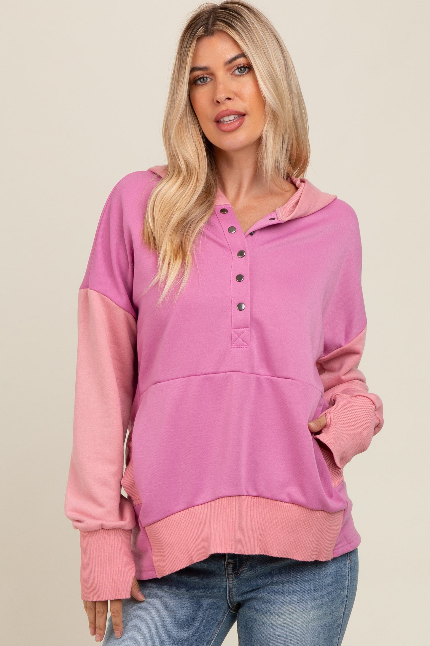 Magenta Colorblock Relaxed Fit Maternity Hoodie