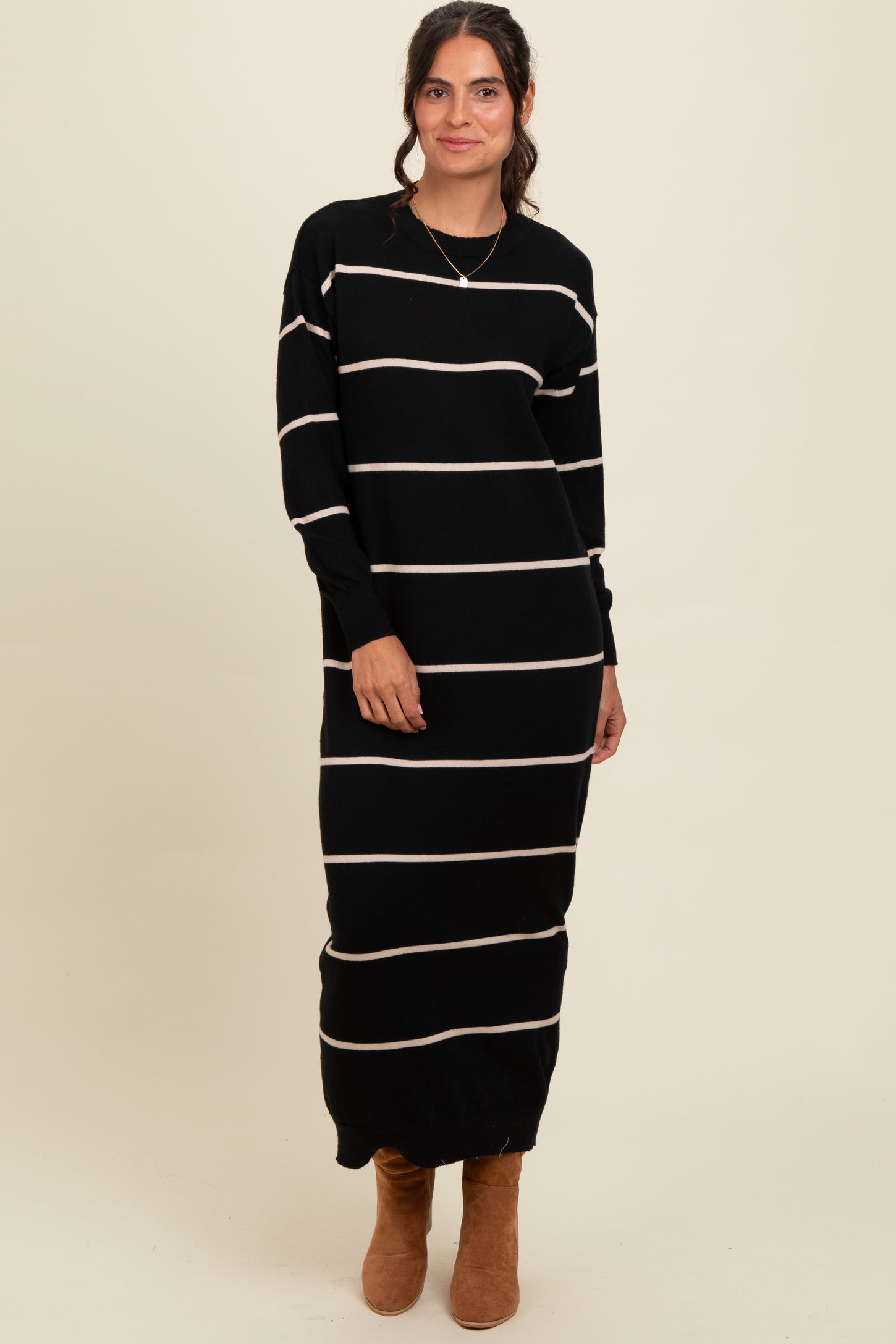 Black Striped Knit Drop Shoulder Maternity Midi Dress