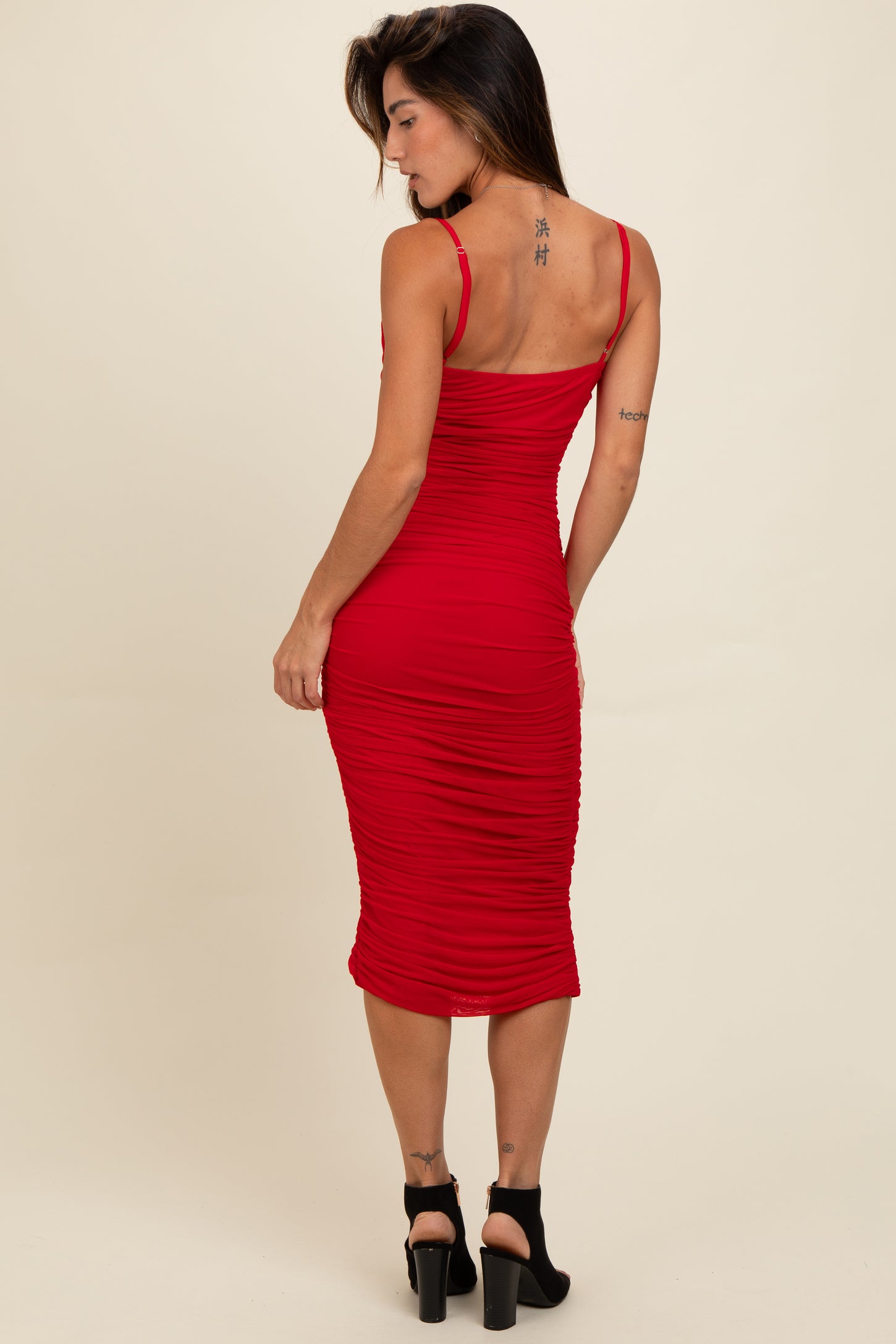 Red Ruched Mesh Fitted Tulip Hem Dress