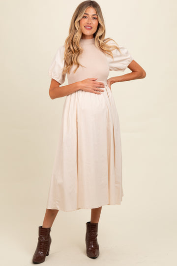 Cream Contrast Knit Bodice Maternity Midi Dress