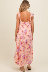 Peach Floral Tie Strap Maternity Maxi Dress
