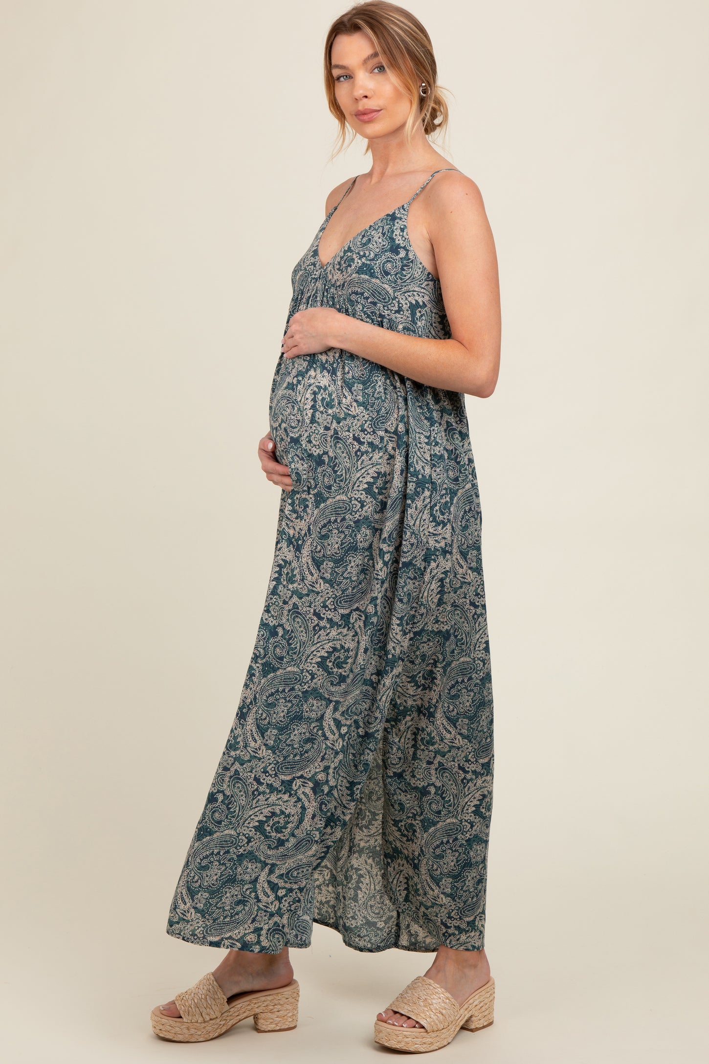 Teal Paisley Babydoll Cami Strap Maternity Maxi Dress