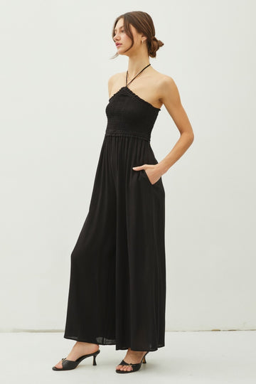 Black Back Cutout Smocked Halter Wide Leg Jumpsuit