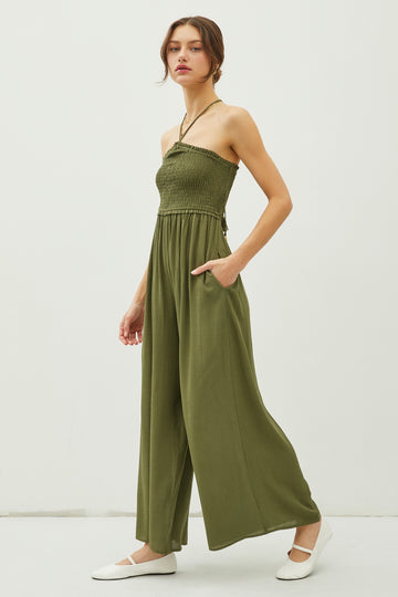 Olive Back Cutout Smocked Halter Wide Leg Jumpsuit