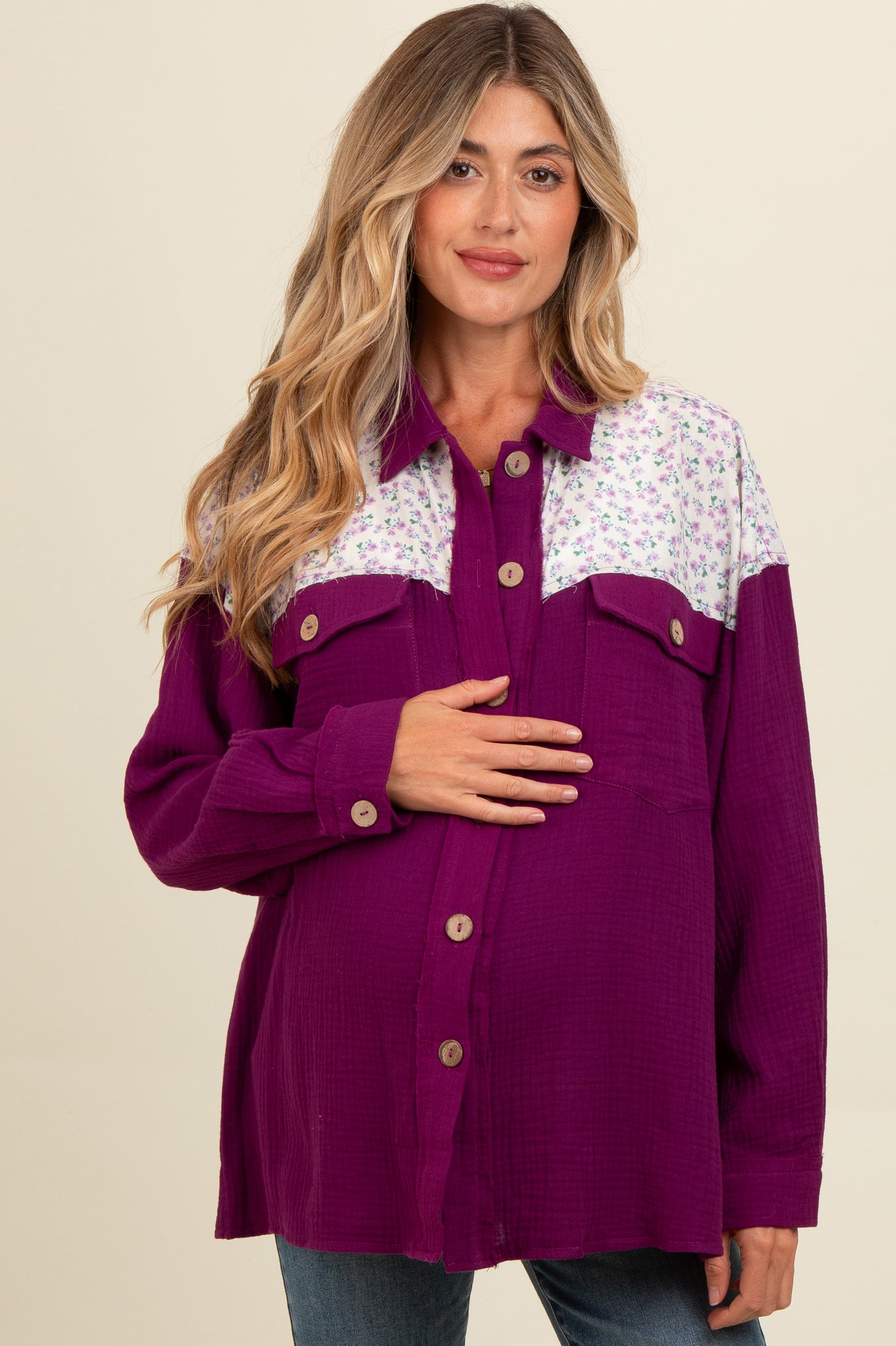 Plum Colorblock Floral Maternity Button Down