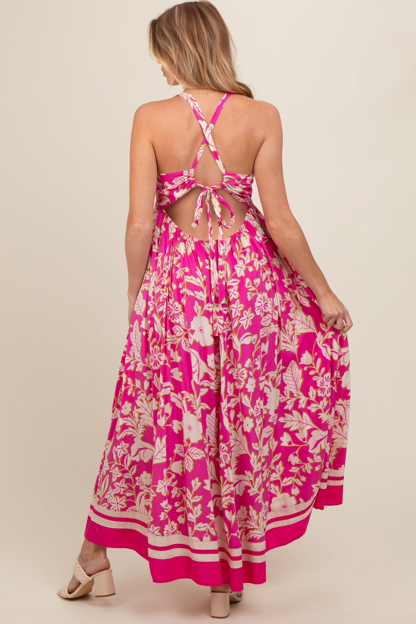 Fuchsia Floral Cutout Back Tie Maternity Maxi Dress