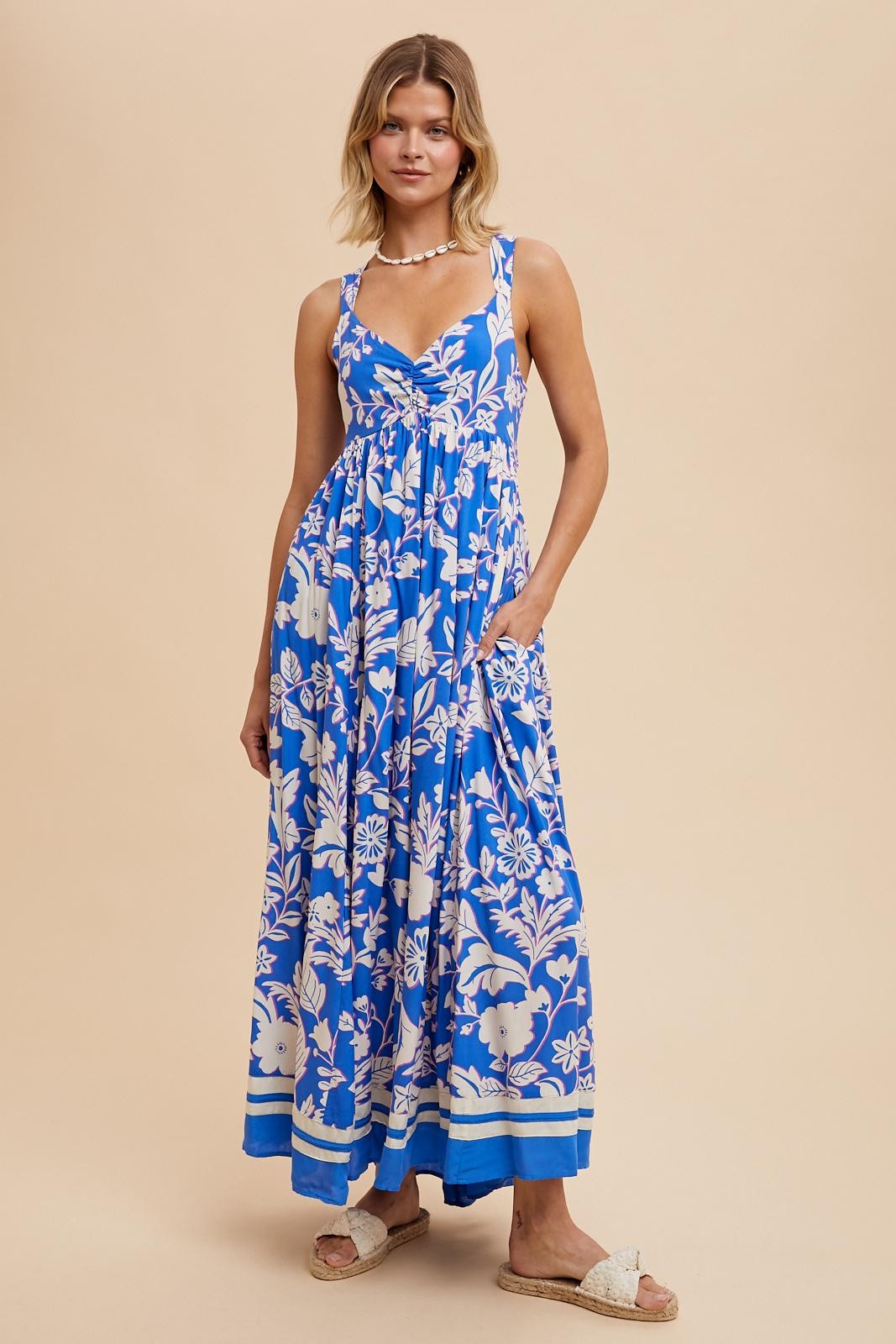 Blue Floral Cutout Back Tie Maxi Dress