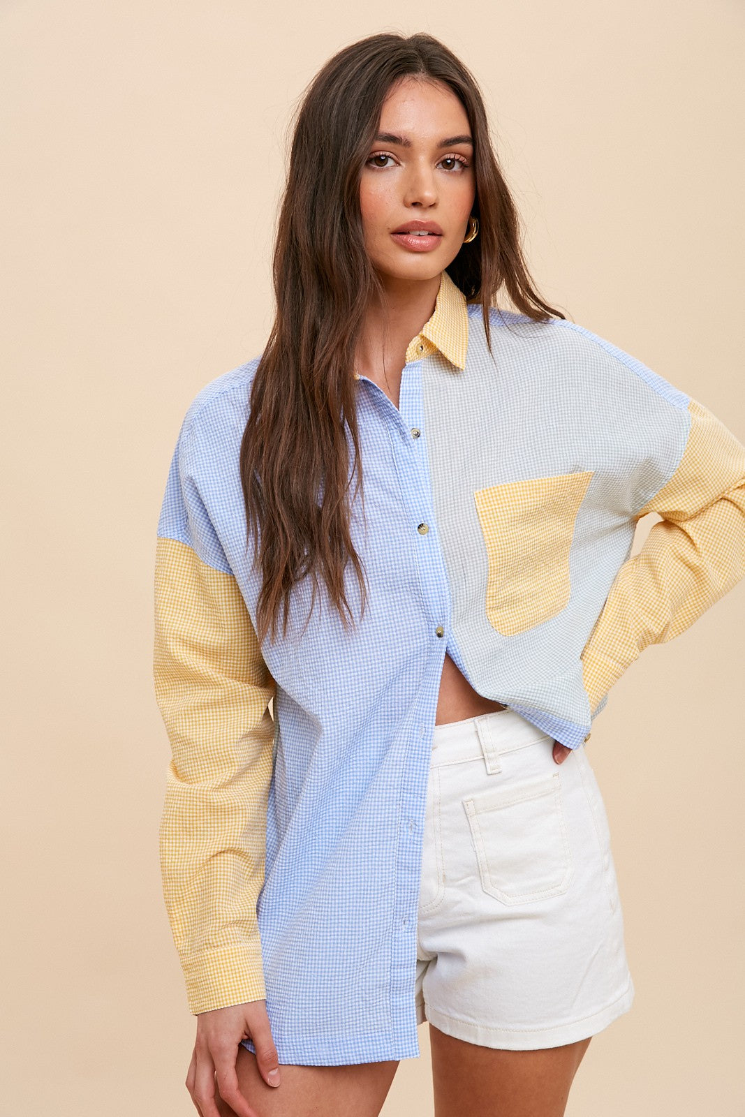 Yellow Colorblock Gingham Button Down Top