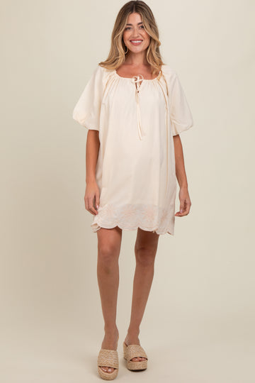 Cream Embroidered Puff Sleeve Maternity Dress