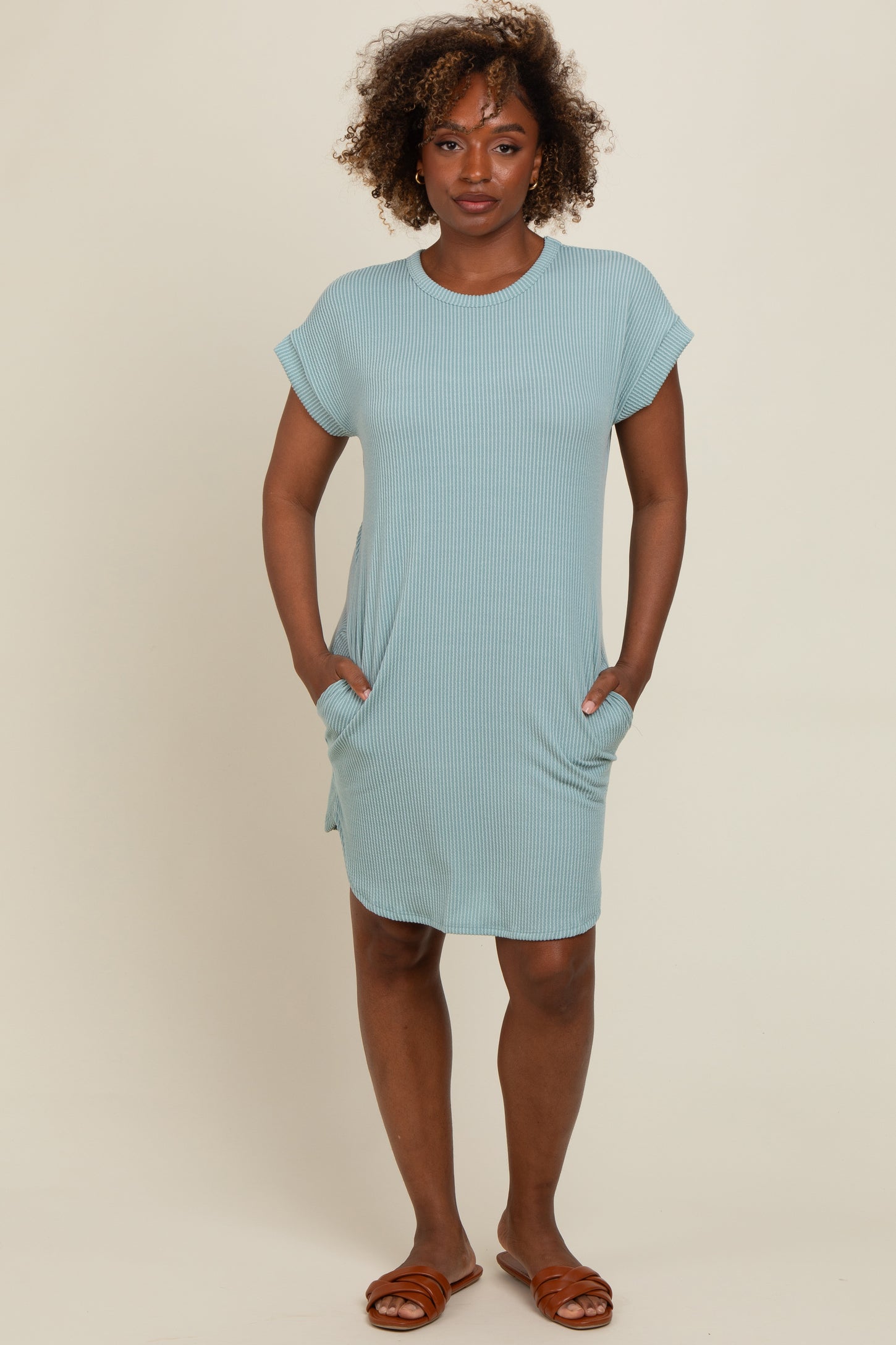 Light Olive Ribbed Round Hem Dress