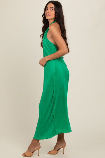 Green Knot Front Plisse Halter Midi Dress