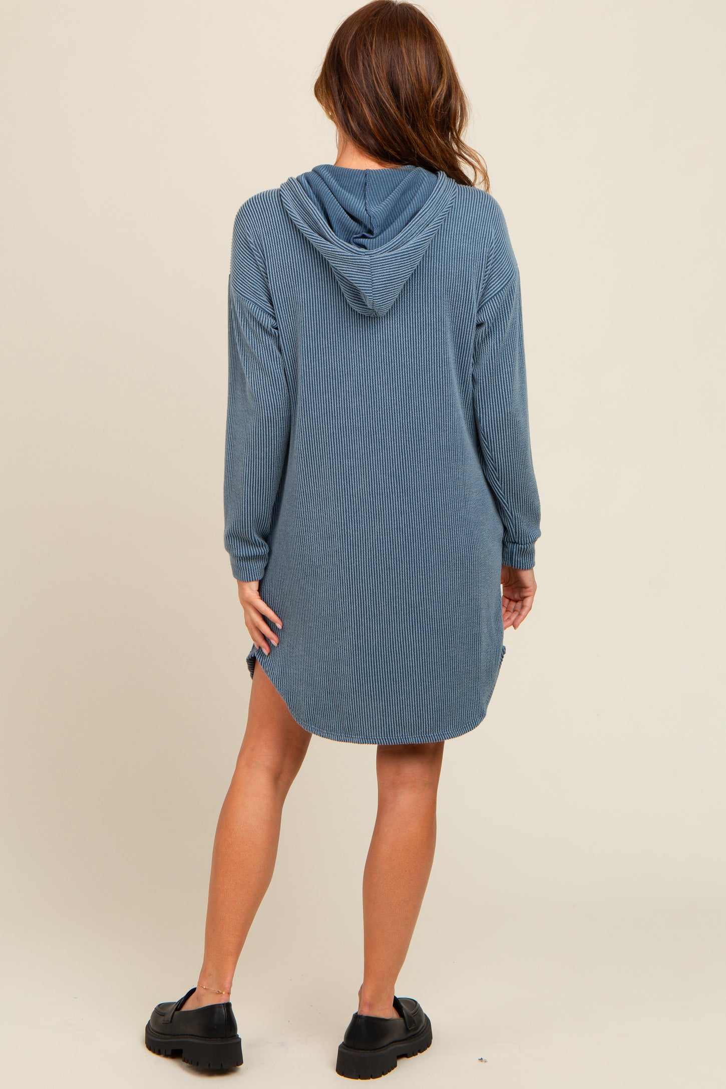 Blue Ribbed Hoodie Dress