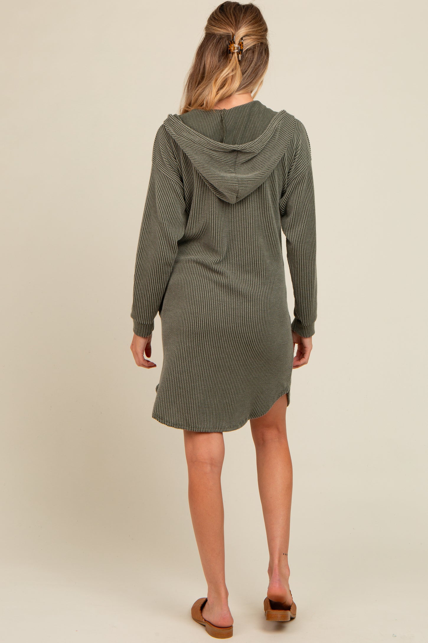 Olive Ribbed Hoodie Maternity Dress