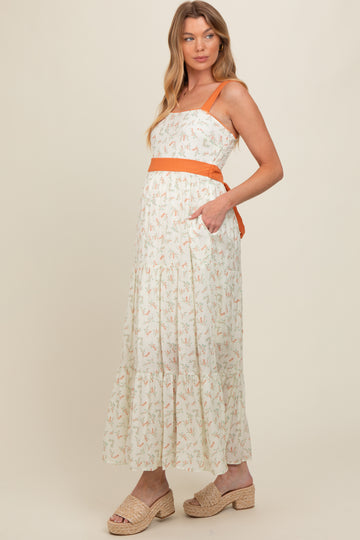 Orange Floral Contrast Sash Tie Maternity Maxi Dress