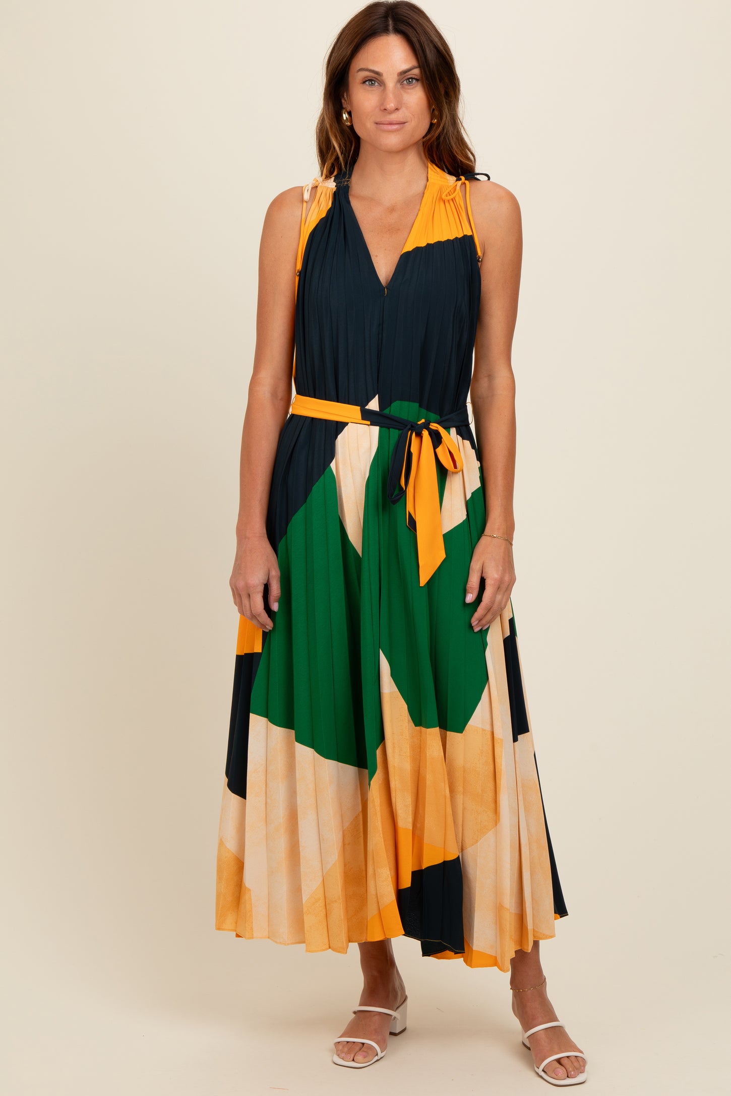 Multicolor V-Neck Satin Pleated Maternity Maxi Dress