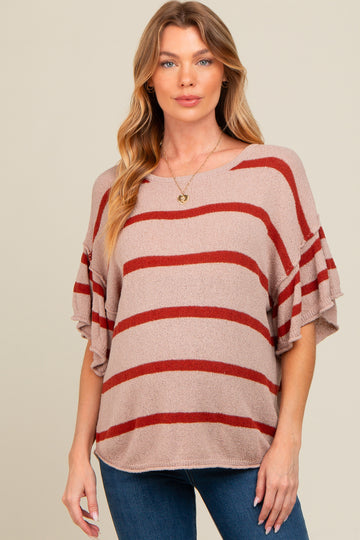 Rust Striped Ruffle Sleeve Knit Maternity Top