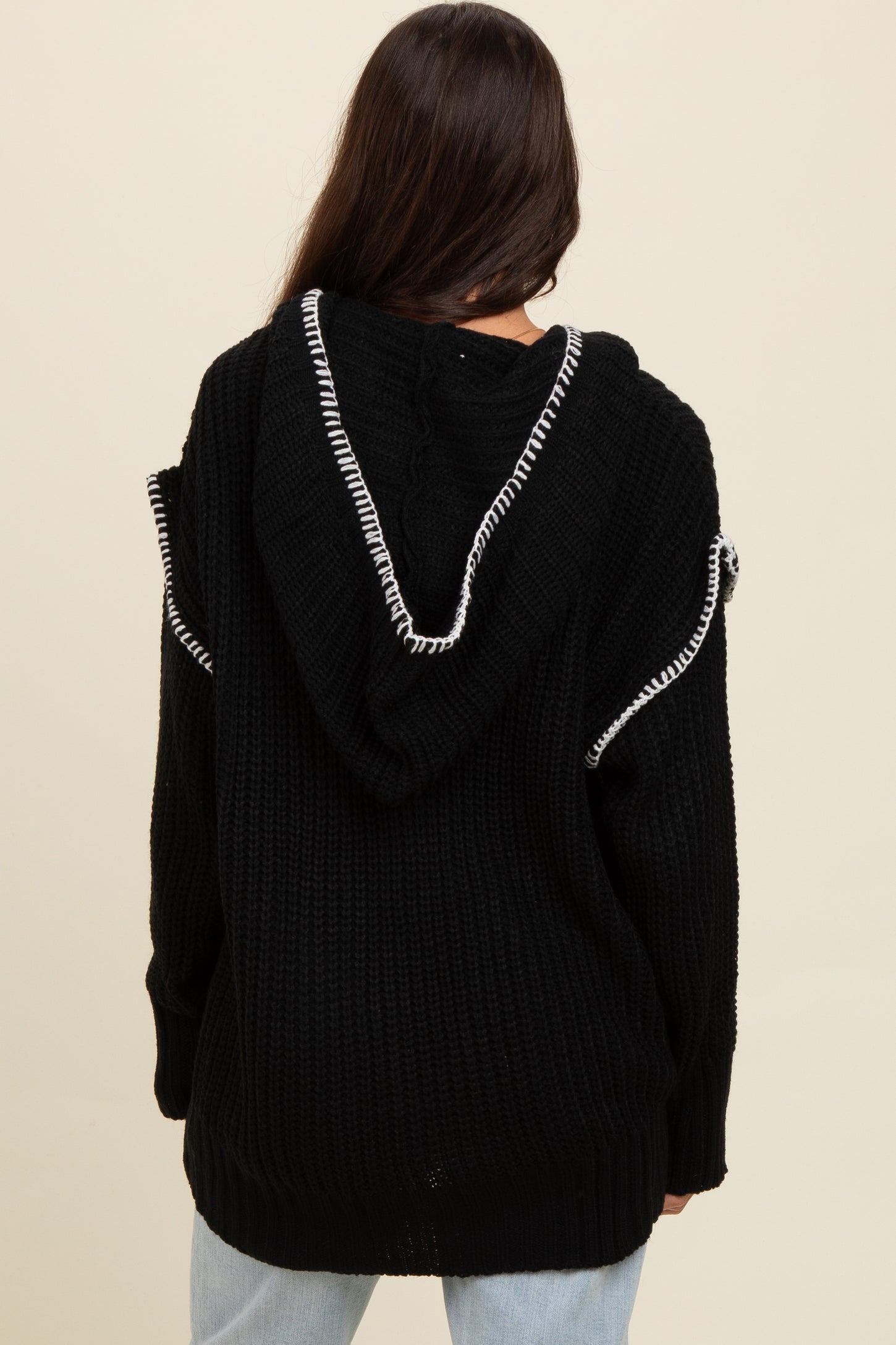 Black Contrast Stitch Hooded Sweater