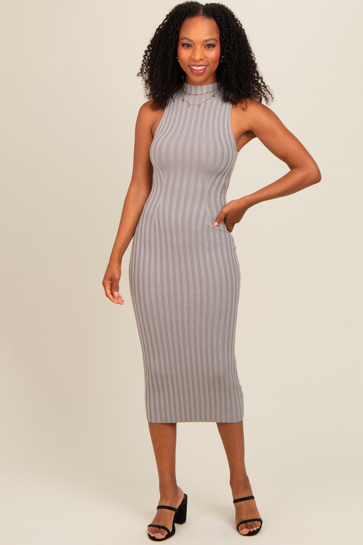 Grey Ribbed Knit Mock Neck Fitted Maternity Dress