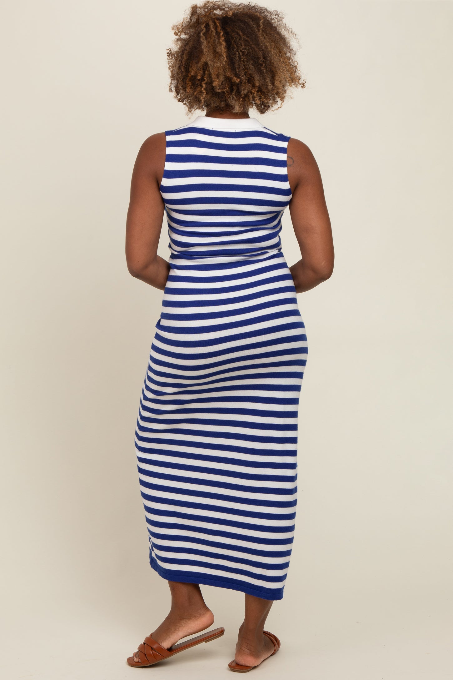 Navy Striped Knit Polo Fitted Maxi Dress
