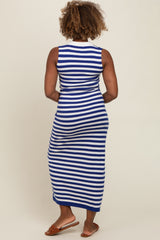 Navy Striped Knit Polo Fitted Maxi Dress