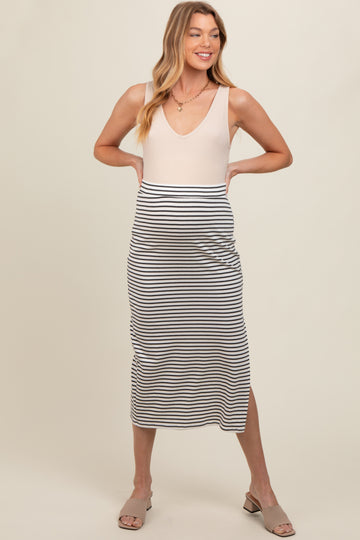 White Striped Fitted Side Slit Maternity Maxi Skirt