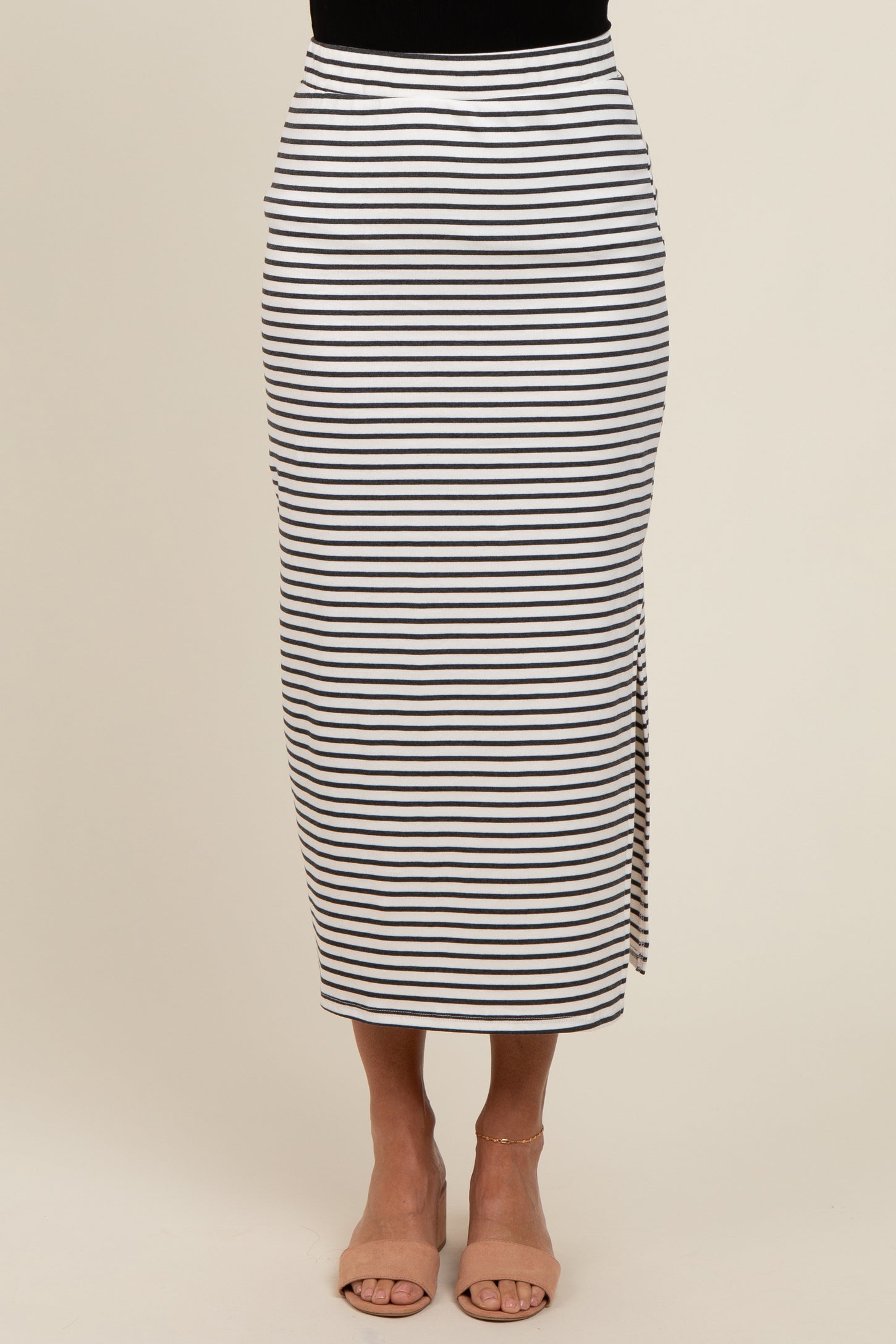 White Striped Fitted Side Slit Maxi Skirt