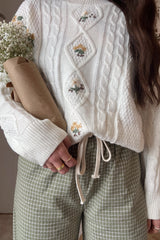 Ivory Embroidered Flower Cable Knit Sweater