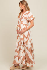 Taupe Printed Sash Tie Button Down Maternity Maxi Dress