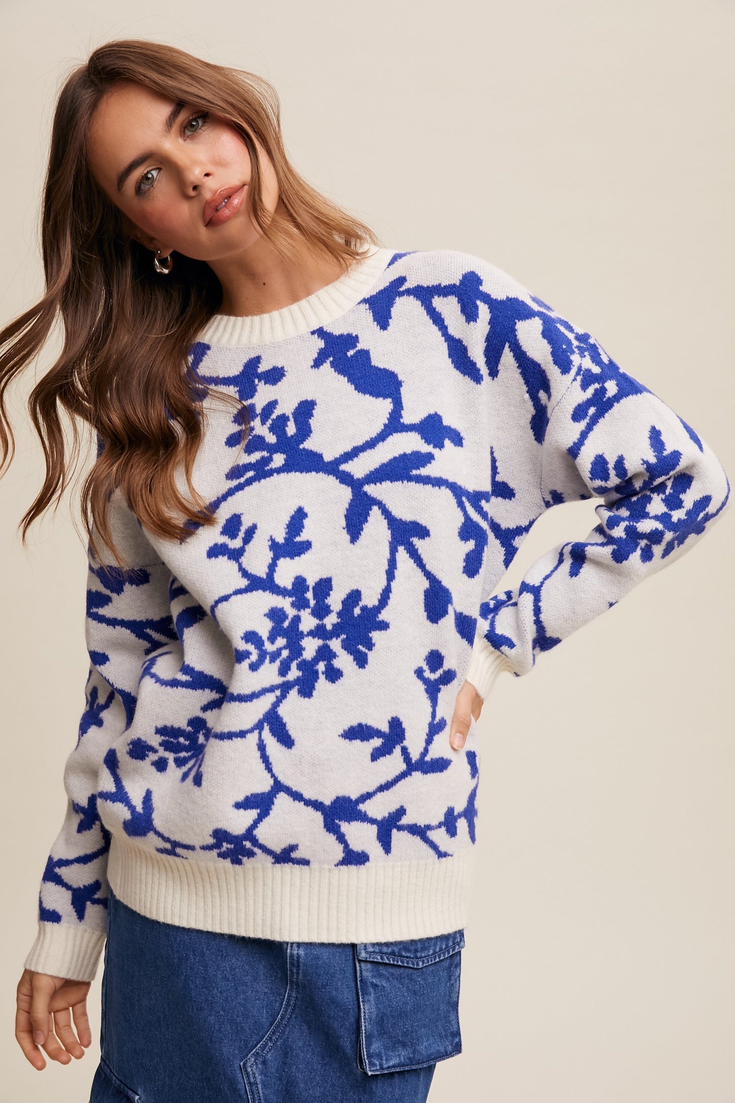 Royal Blue Floral Drop Shoulder Maternity Sweater