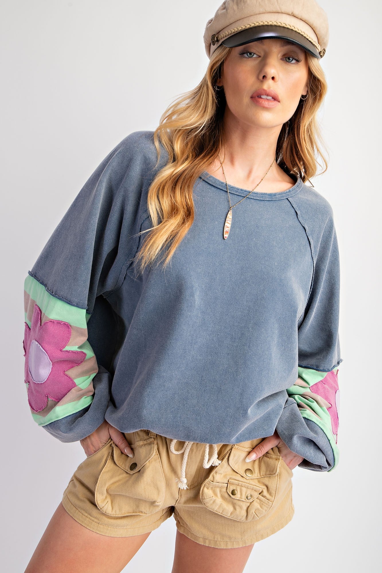 Navy Raw Edge Flower Patch Top