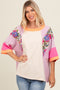 Lavender Floral Colorblock Raw Hem Oversized Top