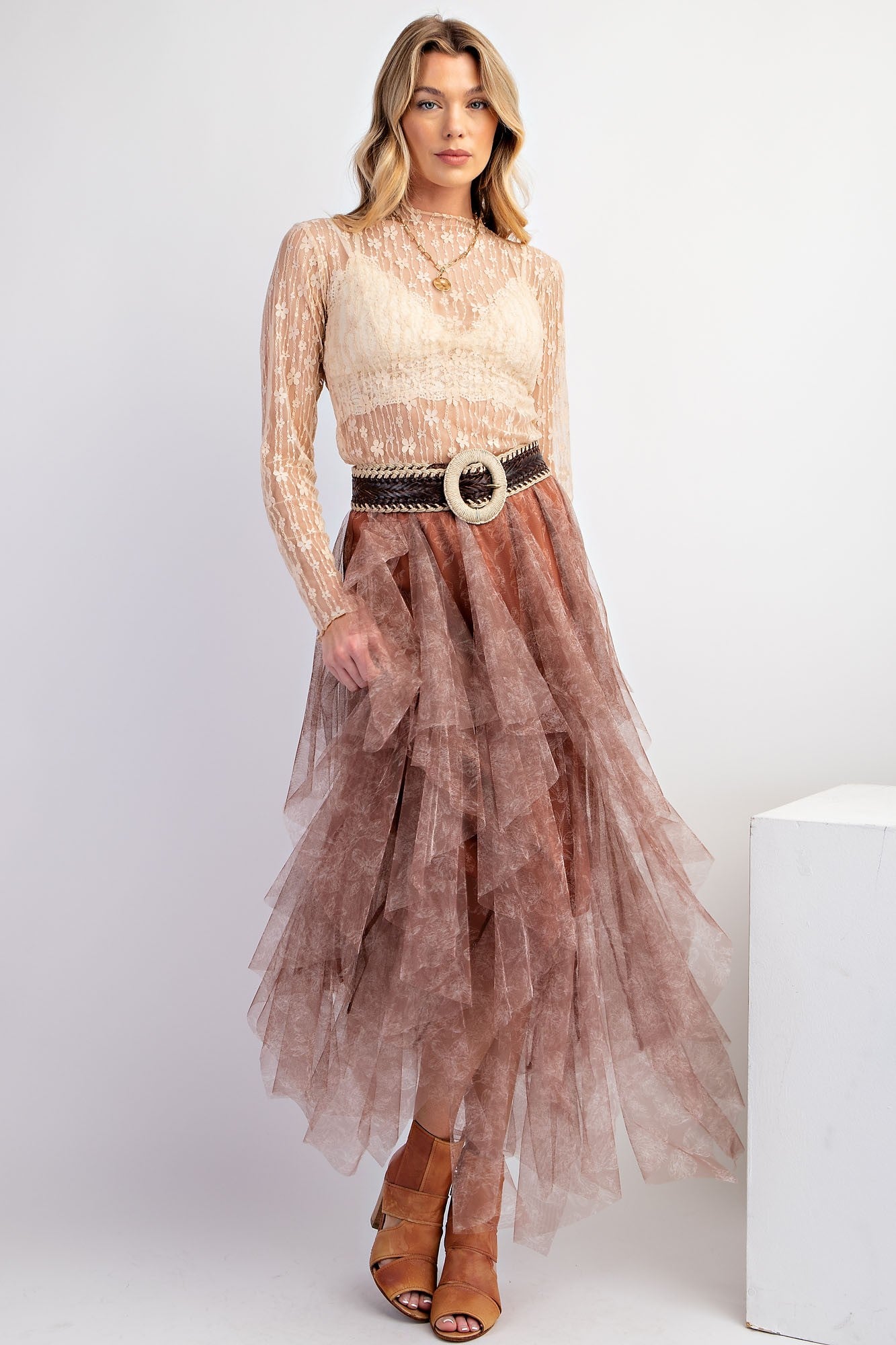 Mocha Floral Printed Mesh Ballerina Skirt
