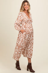 Cream Abstract Floral Gathered Front Maternity Midi Dress