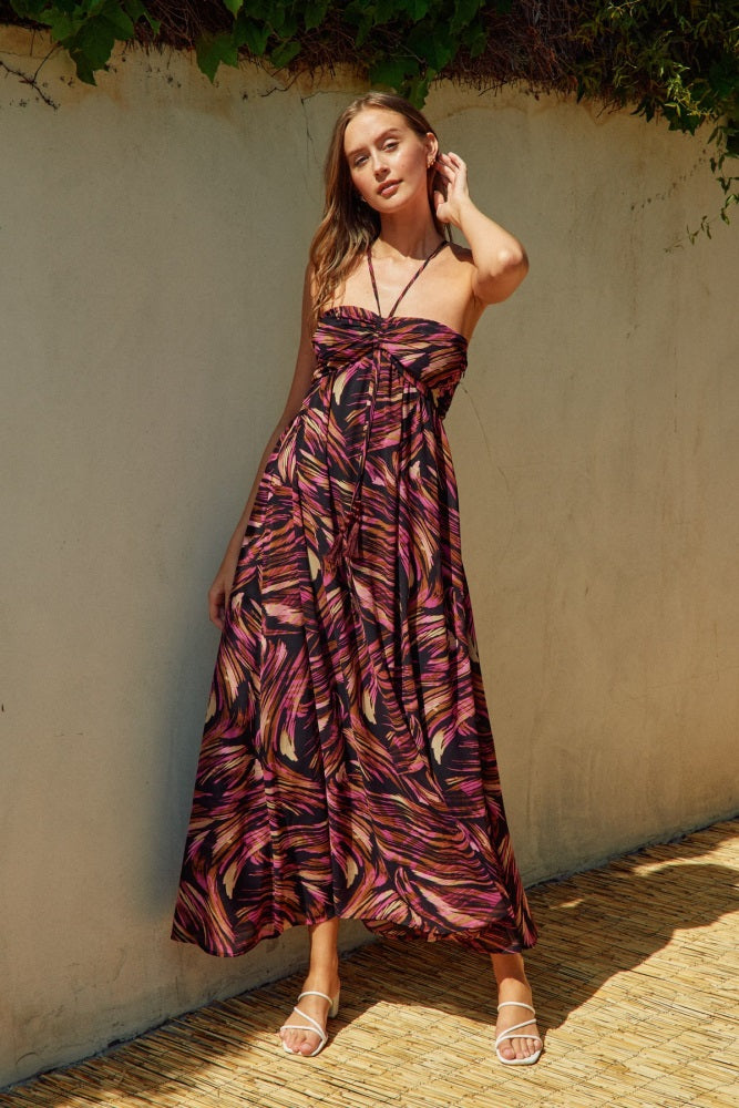 Black Printed Halter Cross Back Maternity Maxi Dress