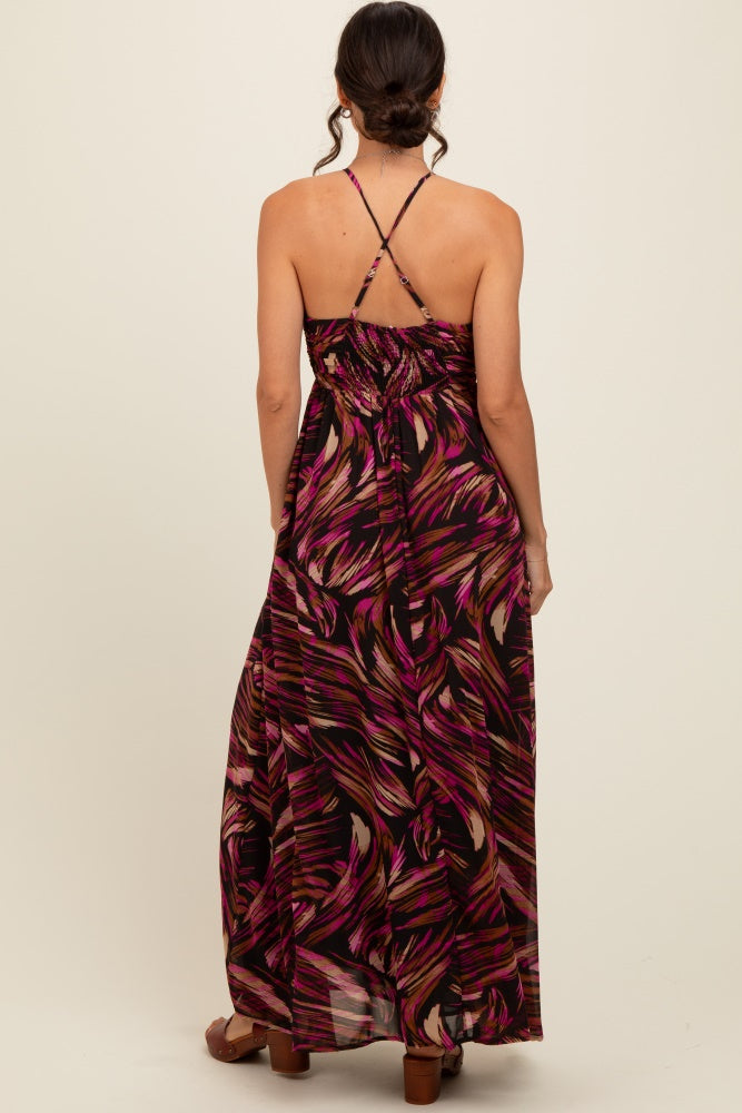 Black Printed Halter Cross Back Maxi Dress